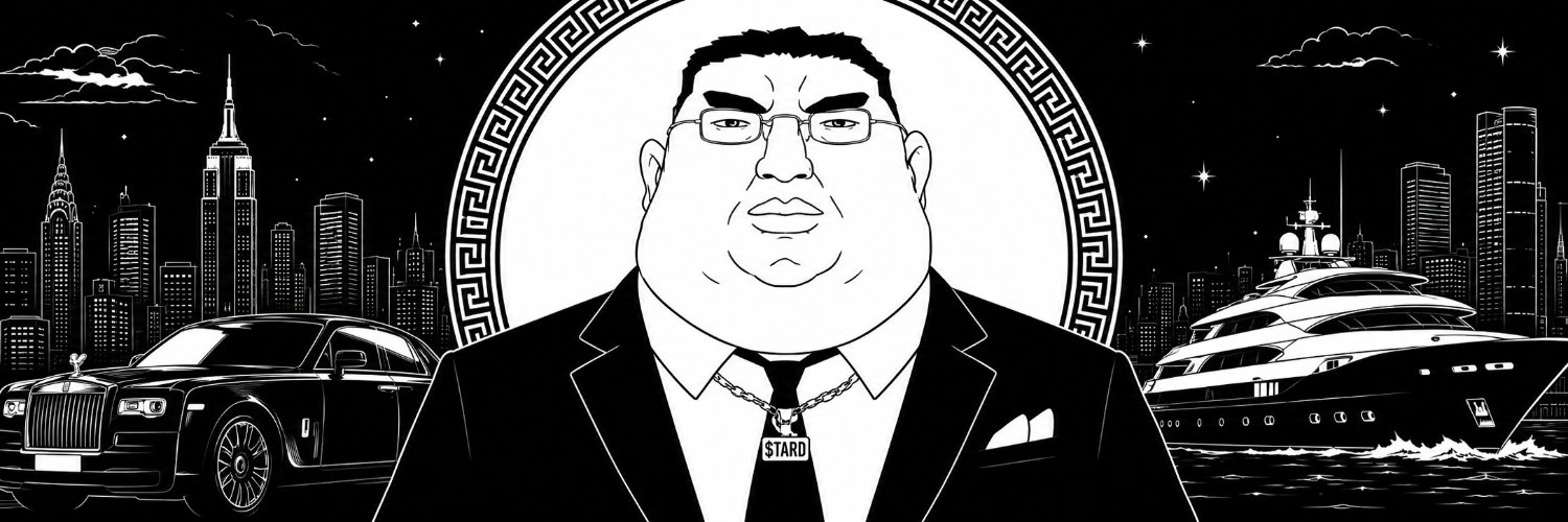 TARD, a heavyset man in a black suit with a gold $TARD chain, flanked by a Rolls-Royce and a luxury yacht against a city skyline